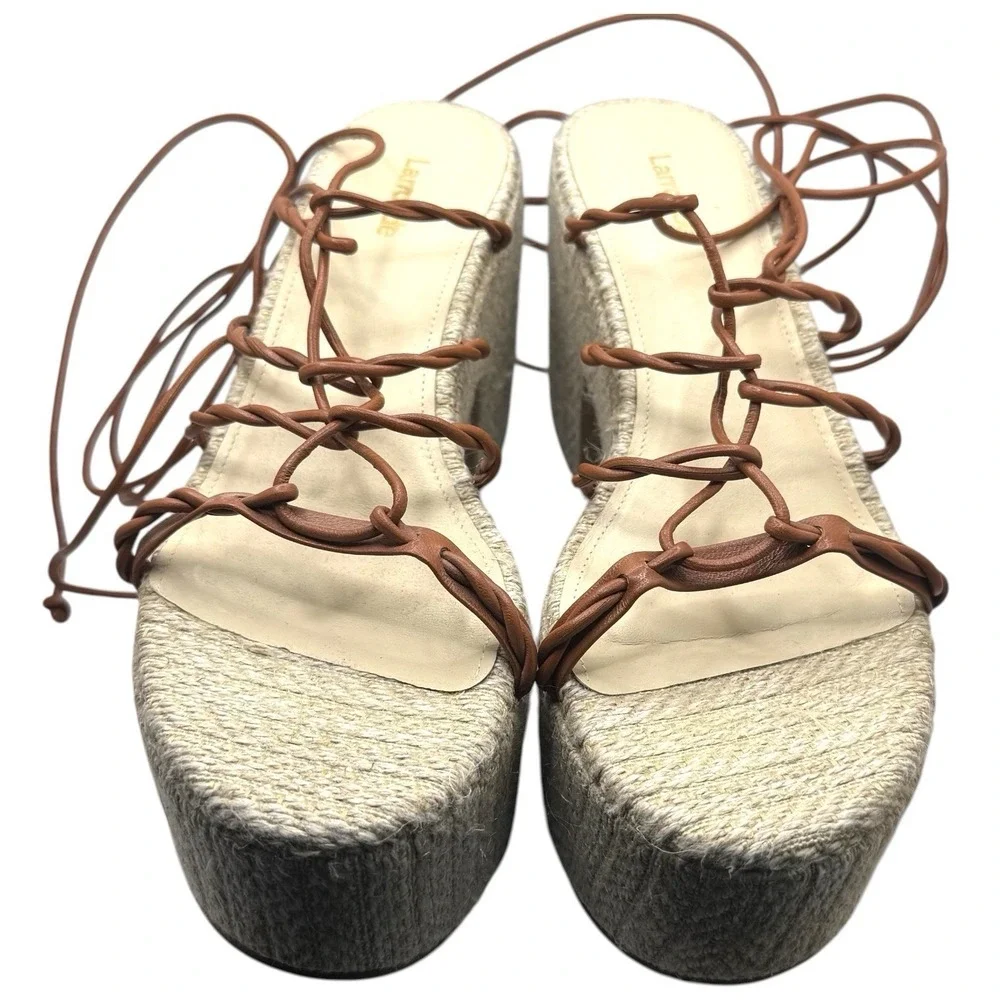 NWOT Larroude Coco Platform Sandal In Raffia & Caramel Leather Summer Travel 9.5